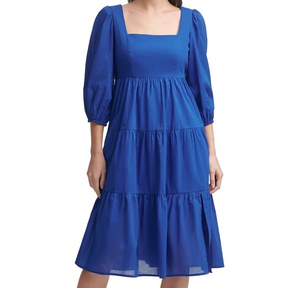 Calvin Klein Blue Cotton 3/4 Sleeve Square-Neck Tiered Midi Dress - Picture 1 of 8